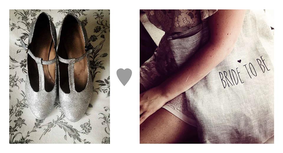 scarpe sposa glitterate a mano, shopper in tessuto naturale